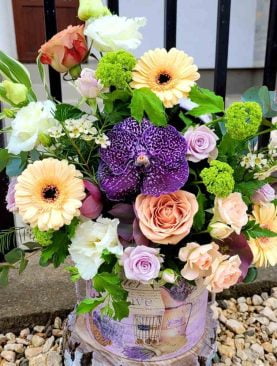 Aranjament Vanda, Gerbera, Miniroza, Eustoma, Trandafiri, Eucalipt